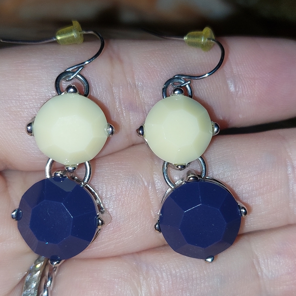 Cream and Navy Blue Dangle Earrings